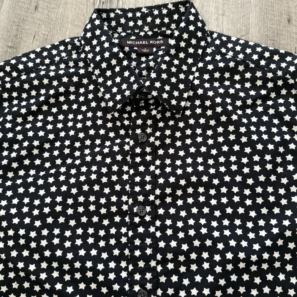 Michael Kors Shirt Mens Large Black w White Stars Long Sleeve Button Up Cotton